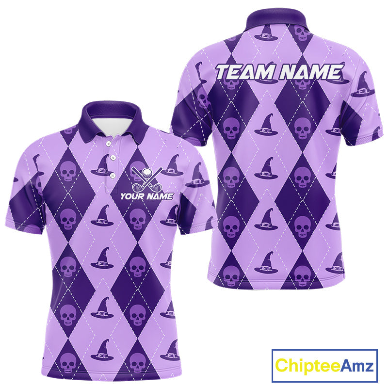 Custom Name Halloween Purple Witch Hat Golf Shirt, Personalized Argyle Skull Polo