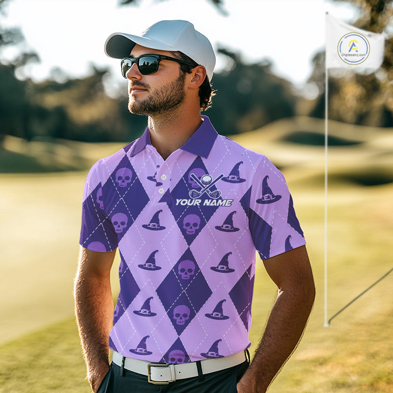 Custom Name Halloween Purple Witch Hat Golf Shirt, Personalized Argyle Skull Polo