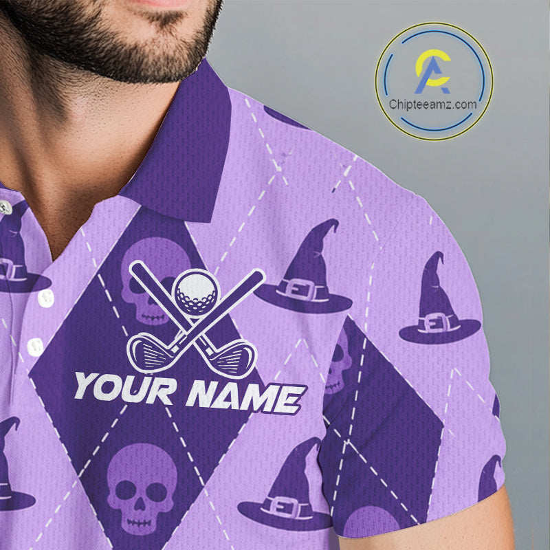 Custom Name Halloween Purple Witch Hat Golf Shirt, Personalized Argyle Skull Polo