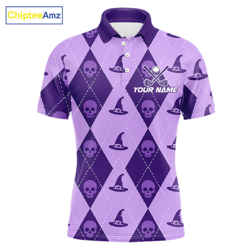Custom Name Halloween Purple Witch Hat Golf Shirt, Personalized Argyle Skull Polo