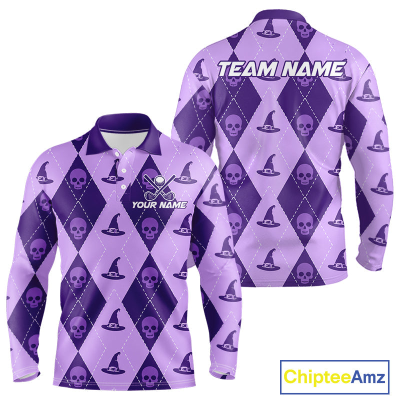 Custom Name Halloween Purple Witch Hat Golf Shirt, Personalized Argyle Skull Polo