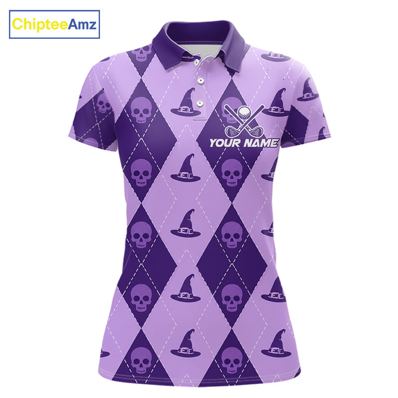 Custom Name Halloween Purple Witch Hat Golf Shirt, Personalized Argyle Skull Polo