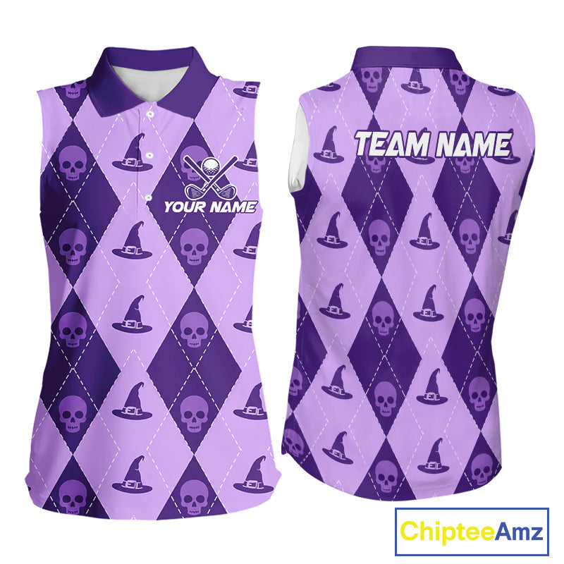 Custom Name Halloween Purple Witch Hat Sleeveless Golf Shirt, Personalized Argyle Skull Polo