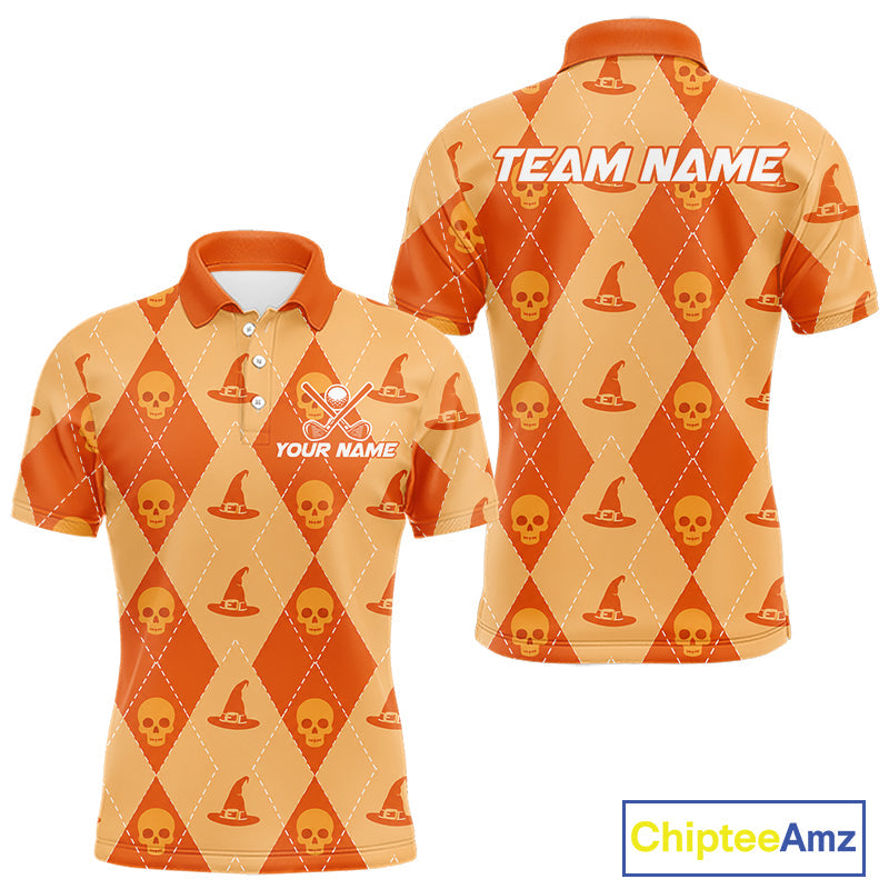 Custom Name Halloween Orange Witch Hat Golf Shirt, Personalized Argyle Skull Polo