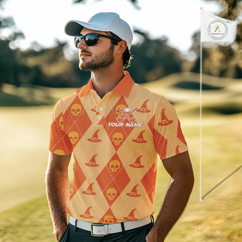 Custom Name Halloween Orange Witch Hat Golf Shirt, Personalized Argyle Skull Polo