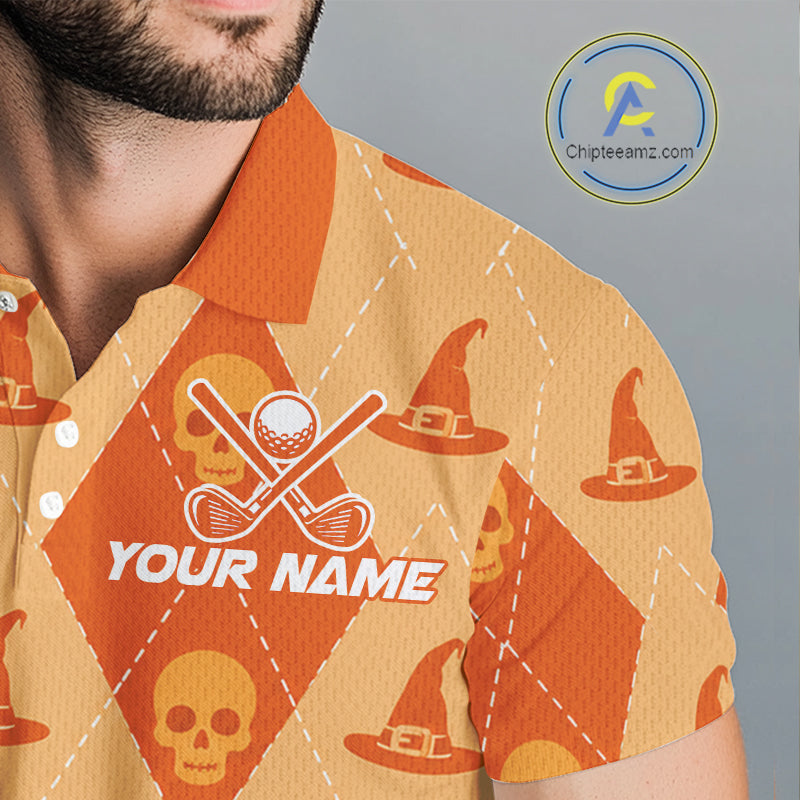 Custom Name Halloween Orange Witch Hat Golf Shirt, Personalized Argyle Skull Polo