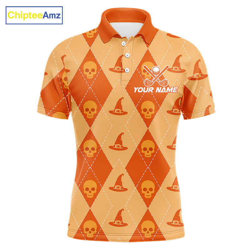 Custom Name Halloween Orange Witch Hat Golf Shirt, Personalized Argyle Skull Polo