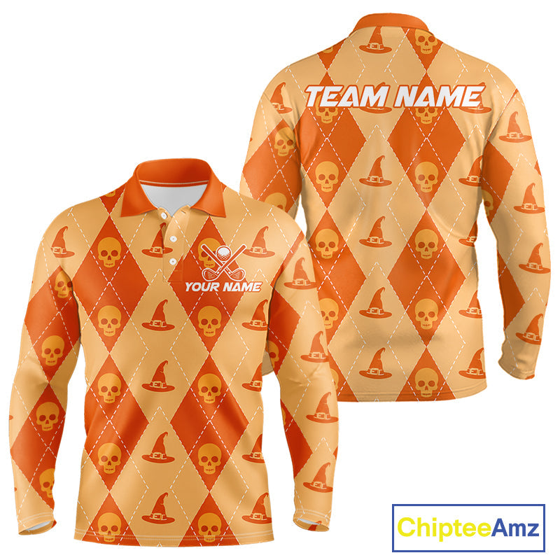 Custom Name Halloween Orange Witch Hat Golf Shirt, Personalized Argyle Skull Polo