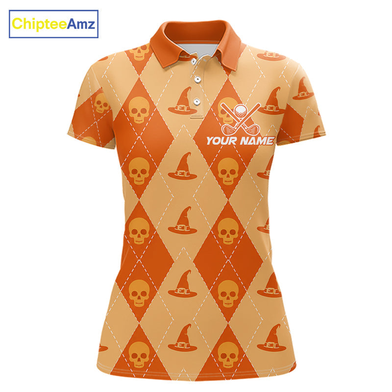 Custom Name Halloween Orange Witch Hat Golf Shirt, Personalized Argyle Skull Polo