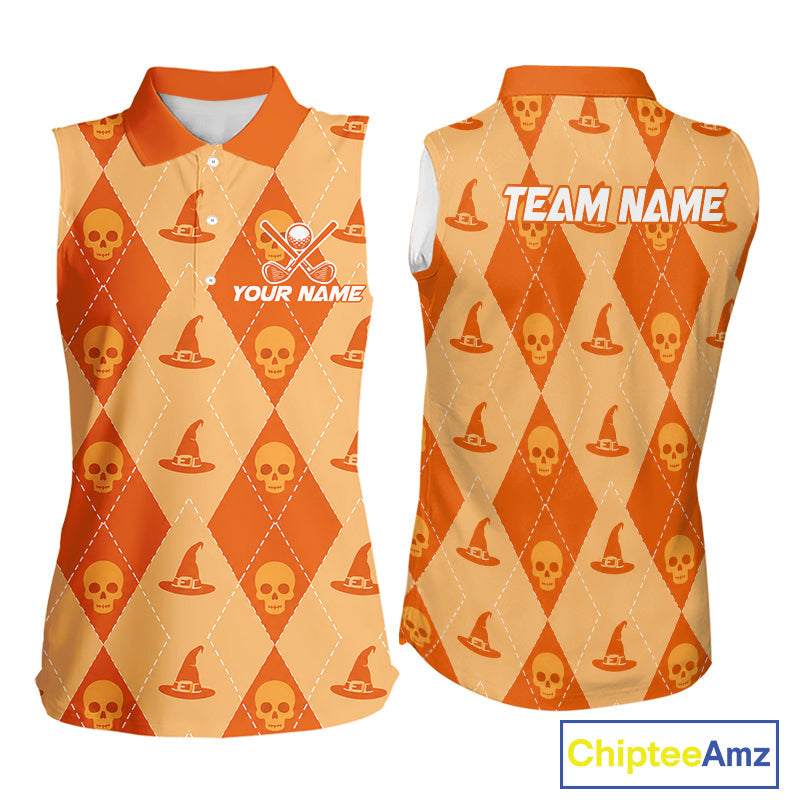 Custom Name Halloween Orange Witch Hat Sleeveless Golf Shirt, Personalized Argyle Skull Polo