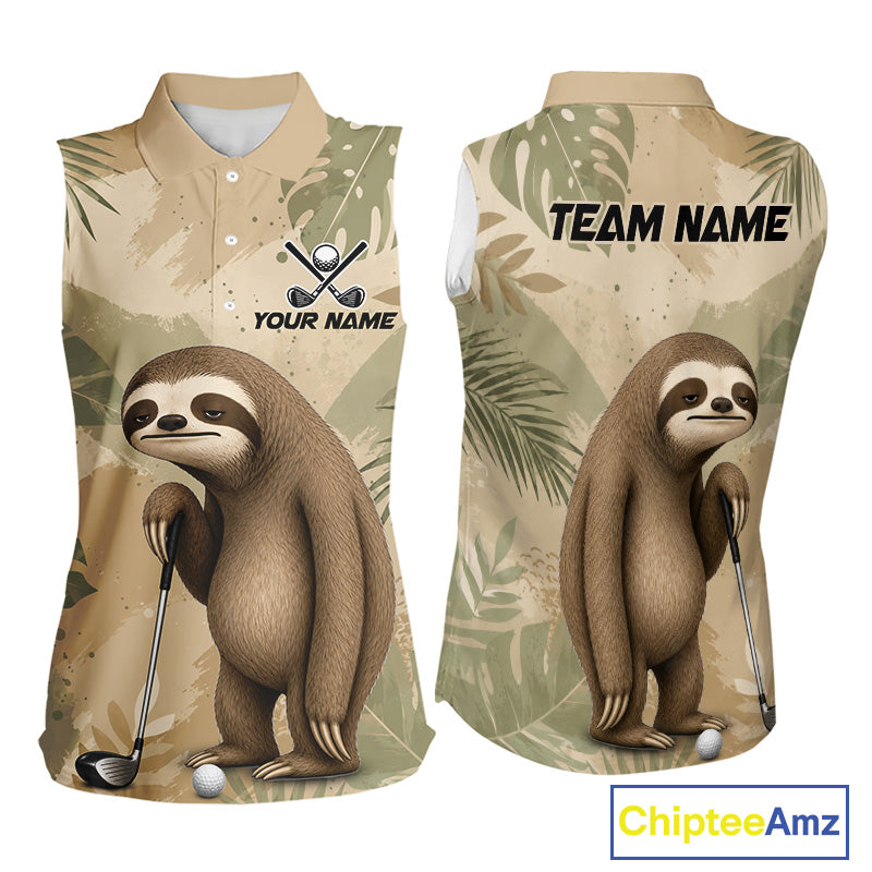 Personalized Sloth Sleeveless Golf Polo Shirt, Funny Lazy Sloth Performance Golf Shirt Custom Name