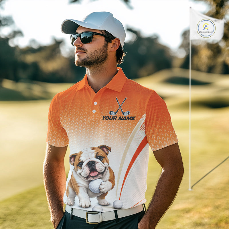 Custom Bulldog Golf Lover Orange Polo Shirt, Personalized Golf Polo Shirt With Dog