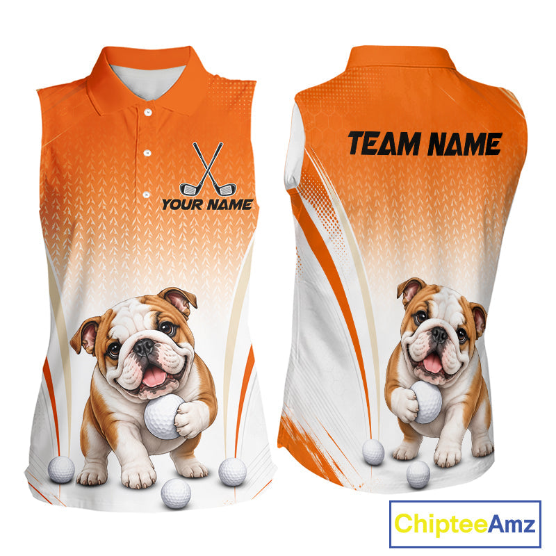 Custom Bulldog Golf Lover Orange Sleeveless Polo Shirt, Personalized Golf Polo Shirt With Dog