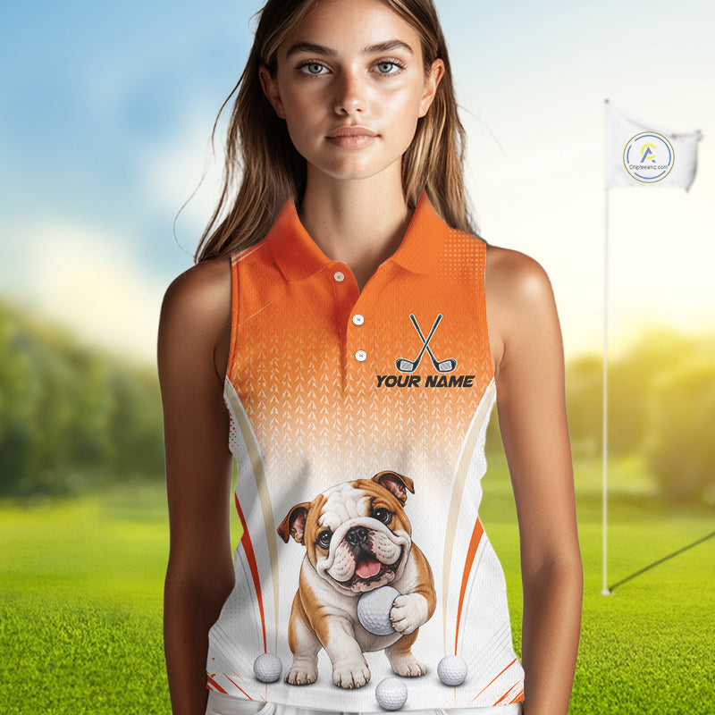 Custom Bulldog Golf Lover Orange Sleeveless Polo Shirt, Personalized Golf Polo Shirt With Dog