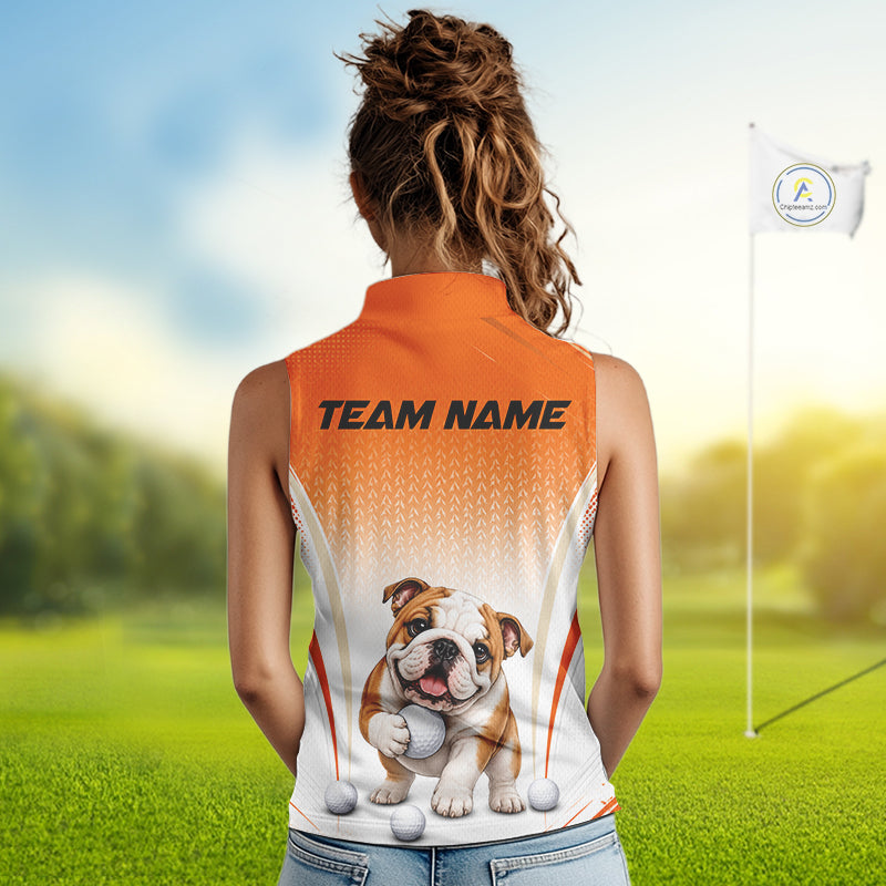 Custom Bulldog Golf Lover Orange Sleeveless Polo Shirt, Personalized Golf Polo Shirt With Dog