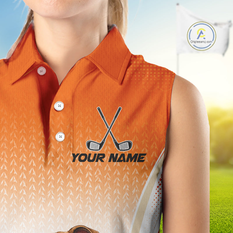 Custom Bulldog Golf Lover Orange Sleeveless Polo Shirt, Personalized Golf Polo Shirt With Dog