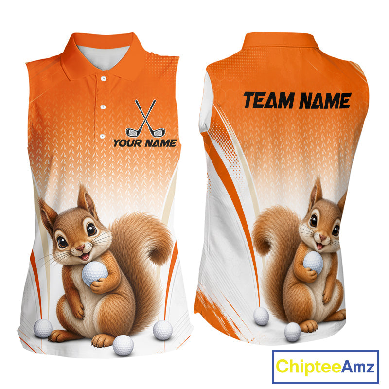 Custom Squirrel Golf Lover Orange Sleeveless Polo Shirt, Personalized Golf Polo Shirt With Dog