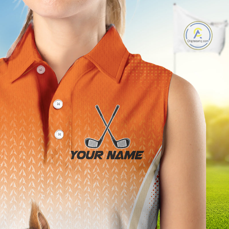 Custom Squirrel Golf Lover Orange Sleeveless Polo Shirt, Personalized Golf Polo Shirt With Dog