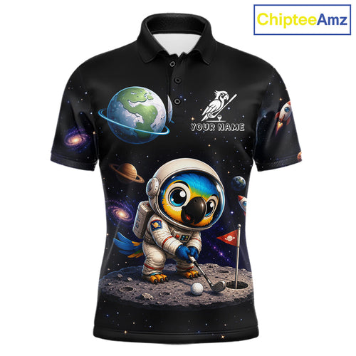 Personalized Astronaut Parrot Golf Polo Shirt – Cute Space Bird Golf Shirt, Custom Team Name