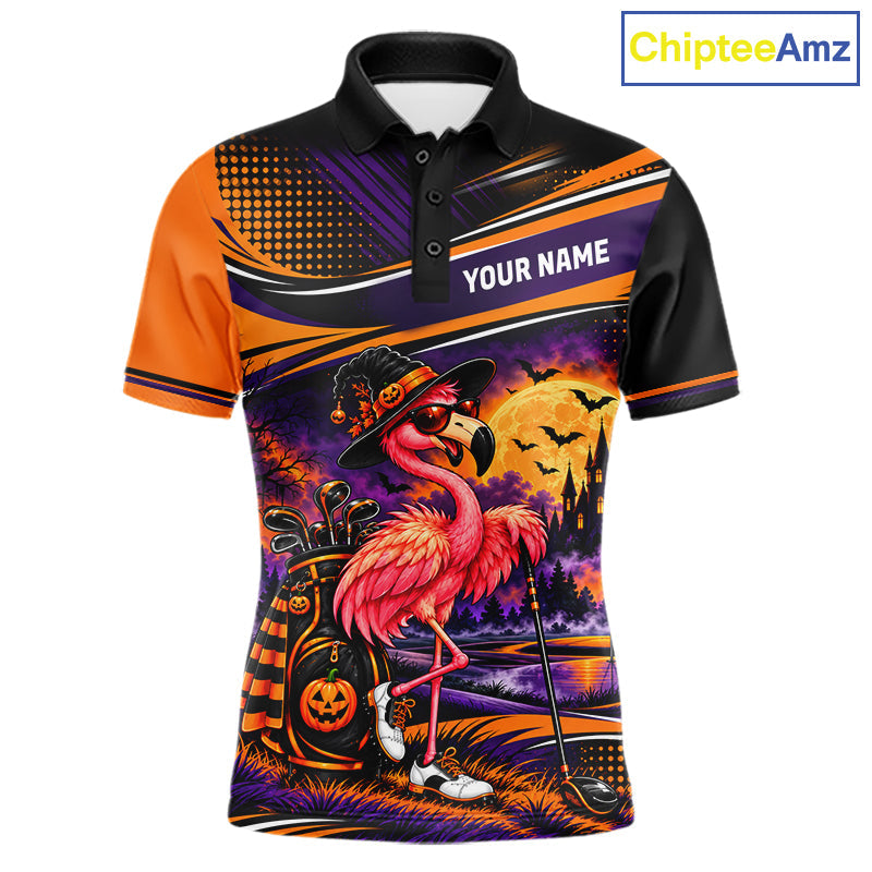 Halloween Flamingo Golf Polo Shirt Custom Witch Hat Full Moon Team Tournament Jersey