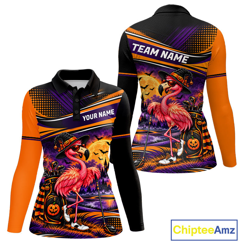 Halloween Flamingo Golf Polo Shirt Custom Witch Hat Full Moon Team Tournament Jersey