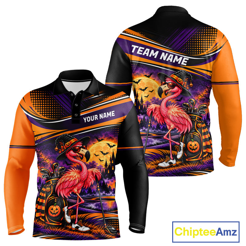 Halloween Flamingo Golf Polo Shirt Custom Witch Hat Full Moon Team Tournament Jersey