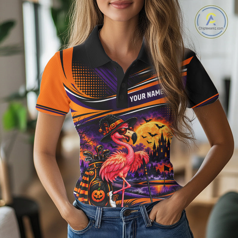 Halloween Flamingo Golf Polo Shirt Custom Witch Hat Full Moon Team Tournament Jersey