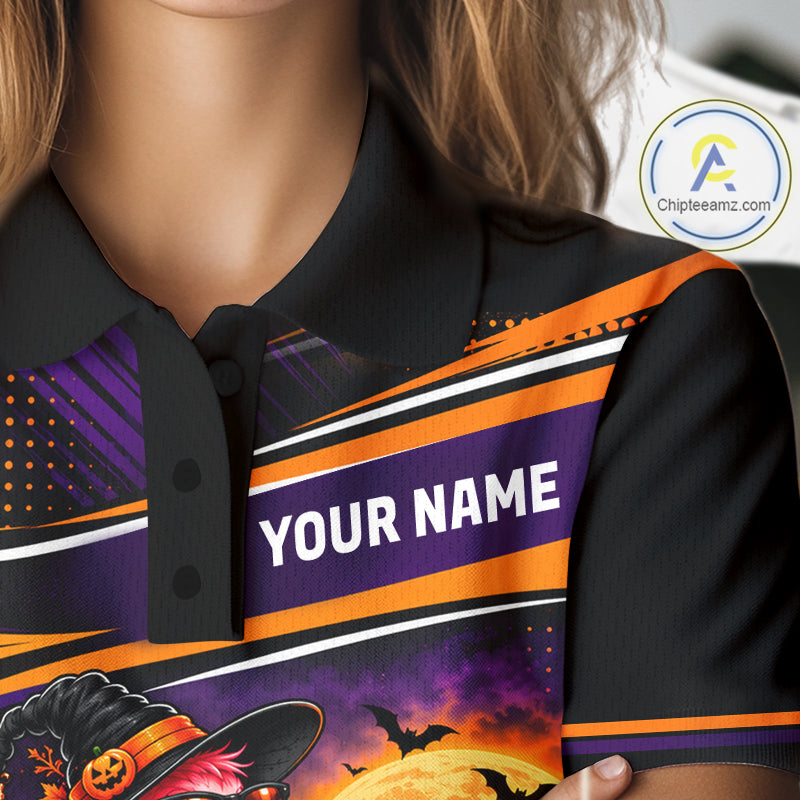 Halloween Flamingo Golf Polo Shirt Custom Witch Hat Full Moon Team Tournament Jersey