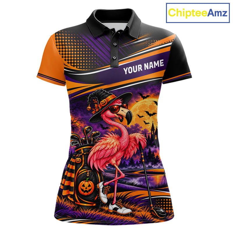 Halloween Flamingo Golf Polo Shirt Custom Witch Hat Full Moon Team Tournament Jersey