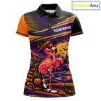 Halloween Flamingo Golf Polo Shirt Custom Witch Hat Full Moon Team Tournament Jersey