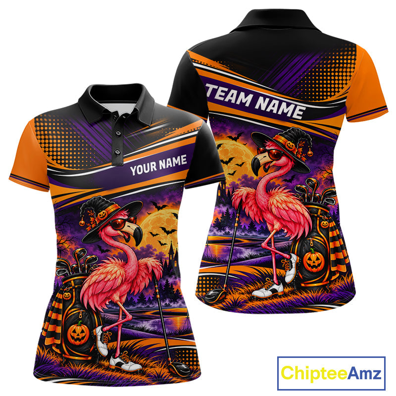 Halloween Flamingo Golf Polo Shirt Custom Witch Hat Full Moon Team Tournament Jersey