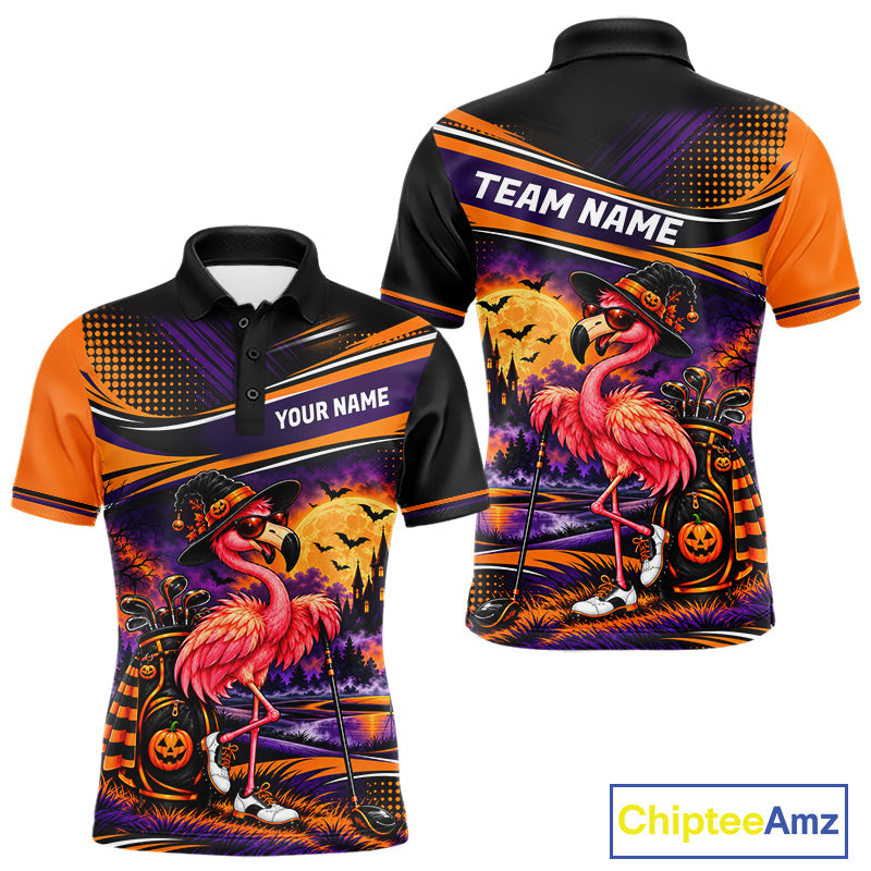 Halloween Flamingo Golf Polo Shirt Custom Witch Hat Full Moon Team Tournament Jersey