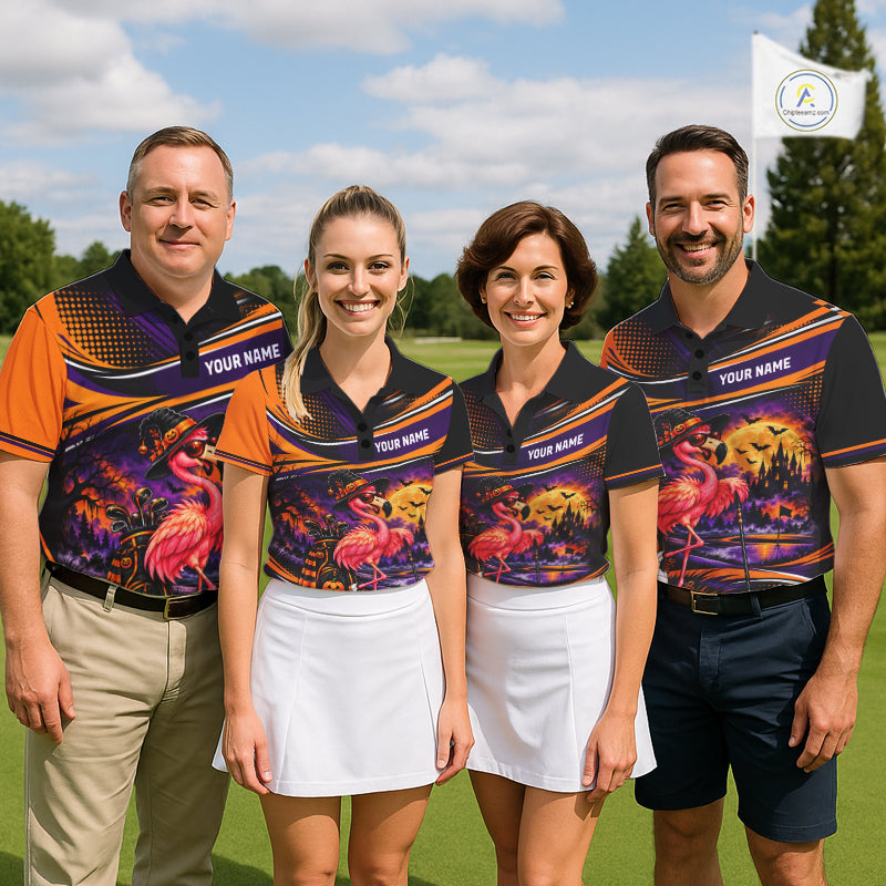 Halloween Flamingo Golf Polo Shirt Custom Witch Hat Full Moon Team Tournament Jersey