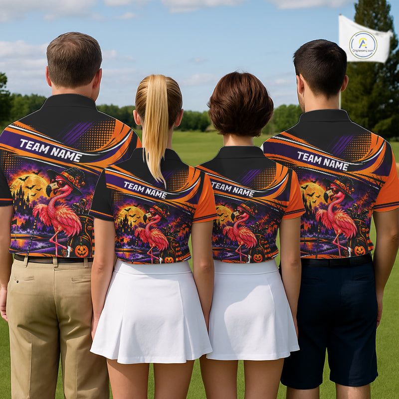 Halloween Flamingo Golf Polo Shirt Custom Witch Hat Full Moon Team Tournament Jersey