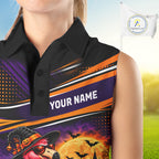 Halloween Flamingo Sleeveless Golf Polo Shirt Custom Witch Hat Full Moon Team Tournament Jersey