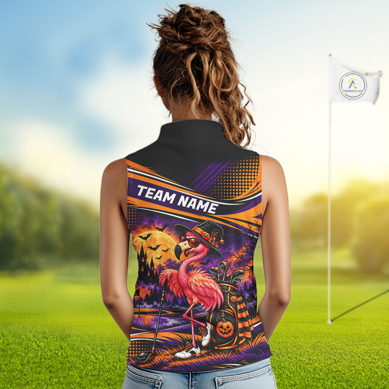 Halloween Flamingo Sleeveless Golf Polo Shirt Custom Witch Hat Full Moon Team Tournament Jersey