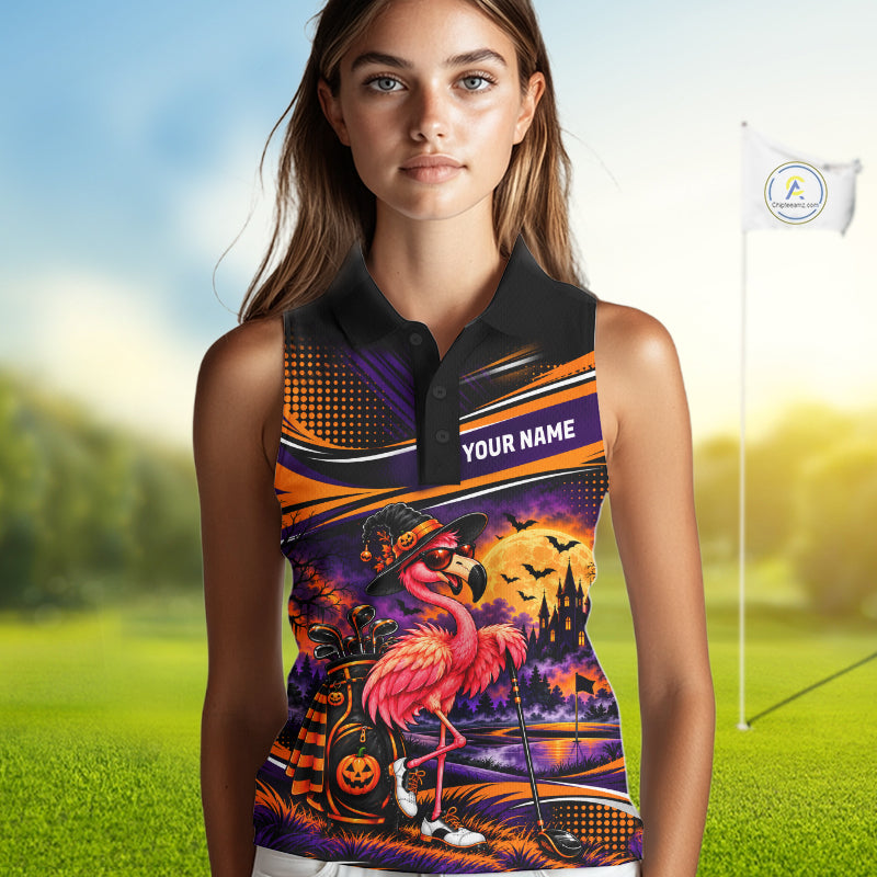 Halloween Flamingo Sleeveless Golf Polo Shirt Custom Witch Hat Full Moon Team Tournament Jersey