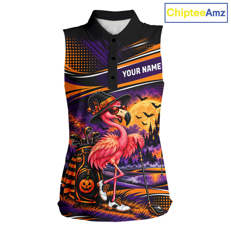 Halloween Flamingo Sleeveless Golf Polo Shirt Custom Witch Hat Full Moon Team Tournament Jersey