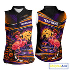 Halloween Flamingo Sleeveless Golf Polo Shirt Custom Witch Hat Full Moon Team Tournament Jersey