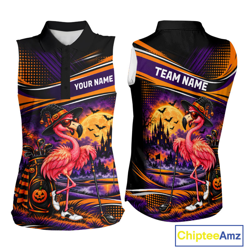 Halloween Flamingo Sleeveless Golf Polo Shirt Custom Witch Hat Full Moon Team Tournament Jersey