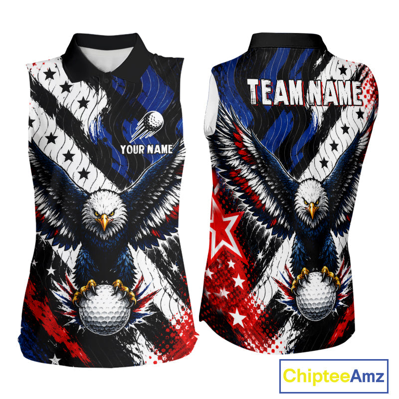 American Flag Eagle Sleeveless Golf Polo Shirts Custom Patriotic Eagle Golf Jersey