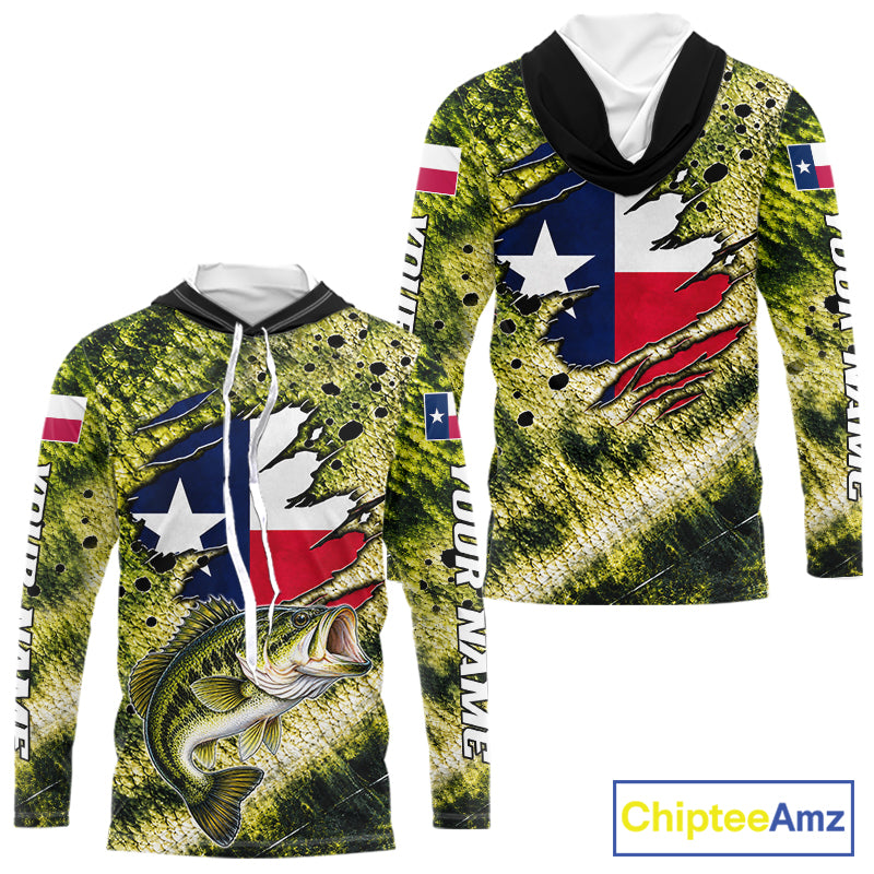 Largemouth Bass Fishing Shirt Custom Texas Flag Scale Pattern Long Sleeve Hooded Apparel