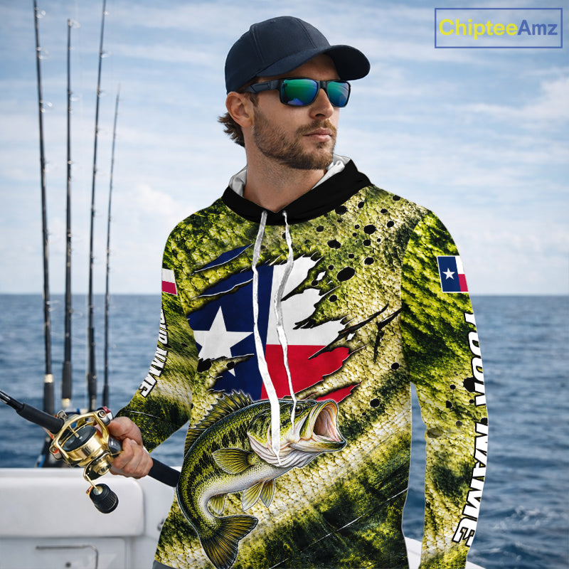 Largemouth Bass Fishing Shirt Custom Texas Flag Scale Pattern Long Sleeve Hooded Apparel