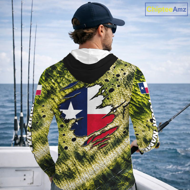 Largemouth Bass Fishing Shirt Custom Texas Flag Scale Pattern Long Sleeve Hooded Apparel
