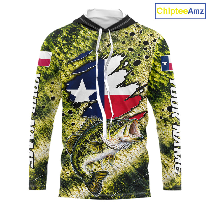 Largemouth Bass Fishing Shirt Custom Texas Flag Scale Pattern Long Sleeve Hooded Apparel