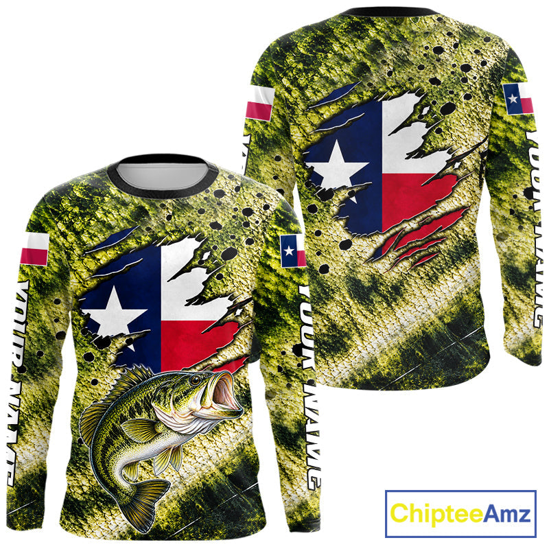 Largemouth Bass Fishing Shirt Custom Texas Flag Scale Pattern Long Sleeve Apparel