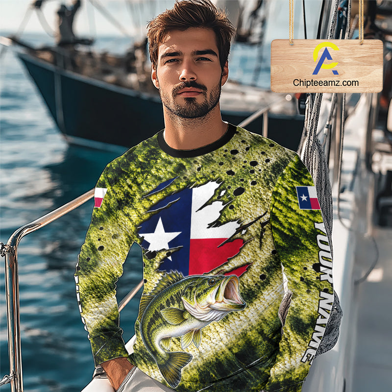 Largemouth Bass Fishing Shirt Custom Texas Flag Scale Pattern Long Sleeve Apparel