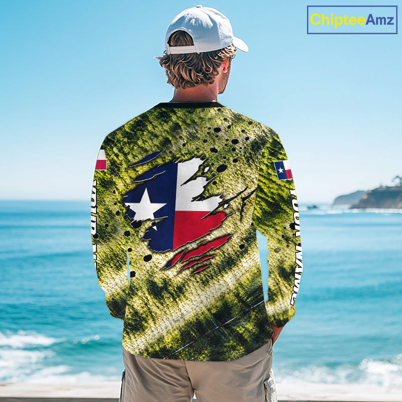 Largemouth Bass Fishing Shirt Custom Texas Flag Scale Pattern Long Sleeve Apparel