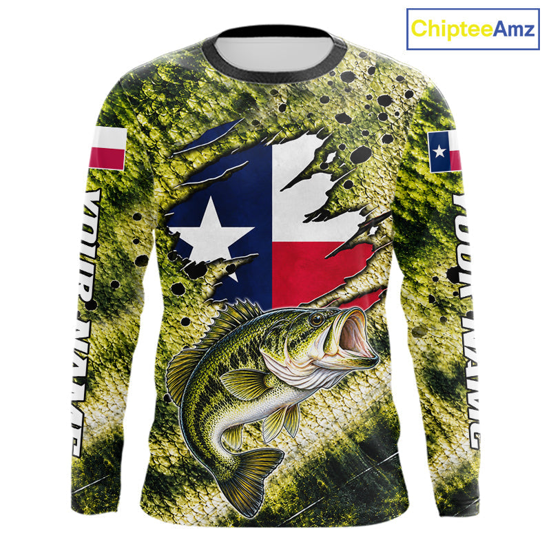 Largemouth Bass Fishing Shirt Custom Texas Flag Scale Pattern Long Sleeve Apparel