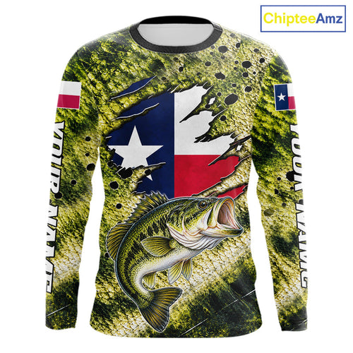 Largemouth Bass Fishing Shirt Custom Texas Flag Scale Pattern Long Sleeve Apparel